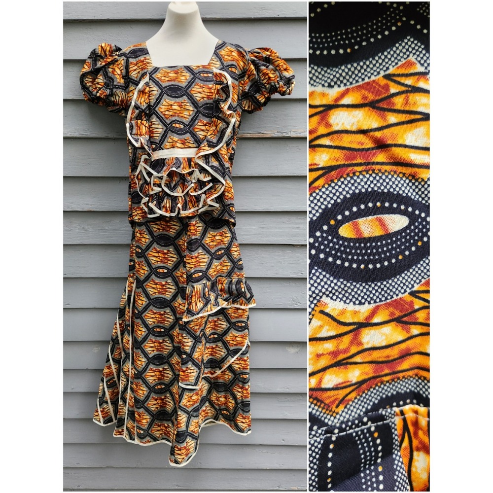 Handmade African Wax Print Skirt Set Orange‎ Black Ruffle Puff Sleeve Medium